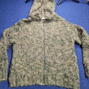 Kate Hill Casual Knit Zip Up Hooded Cardigan Sweater Wool Mix Tan Multi Color Lg